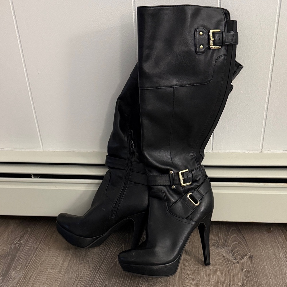 Guess Black Knee-High Platform Stiletto Boots with Buckles